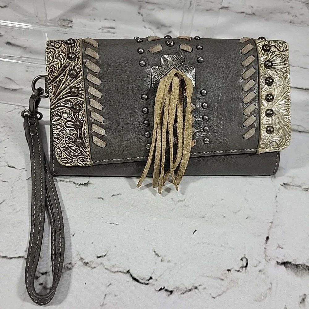 Montana West Wallet Womens Leather Gray Western Clutch Wristlet Fringe Cowgirl
